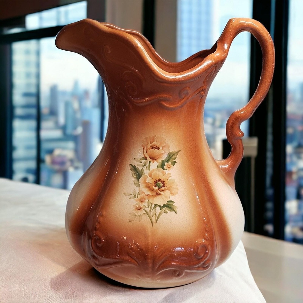 Antique Ironstone‎ USA Water Pitcher Copper Rust Ombre Floral